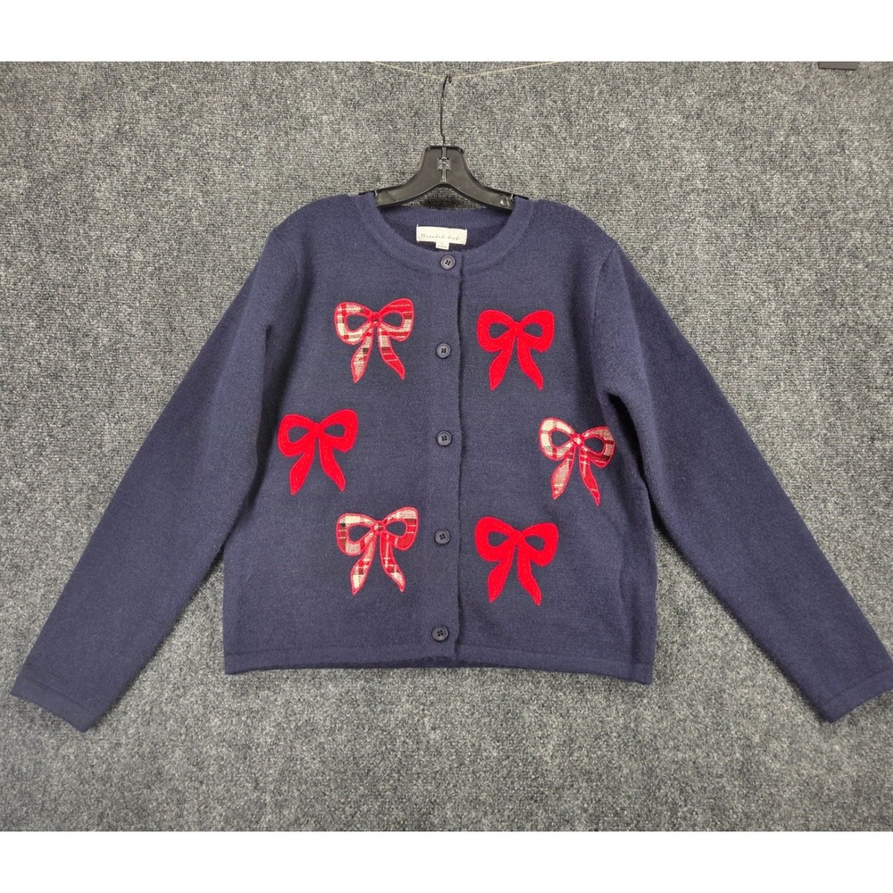 Valentines Bow Embroidered Cardigan Sweater Womens L Navy Blue Red Button Up